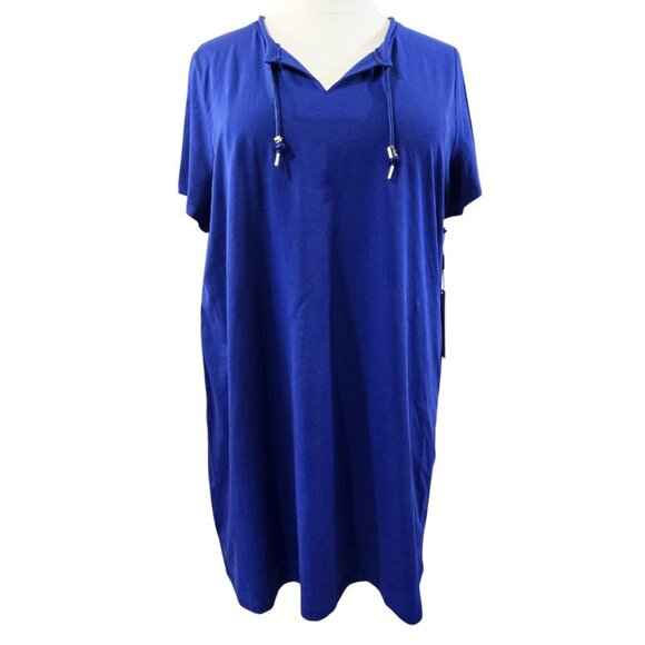Calvin Klein NWT Blue Short Sleeve Shirt Dress CK Drawstring Comfy Stretch - Picture 1 of 9
